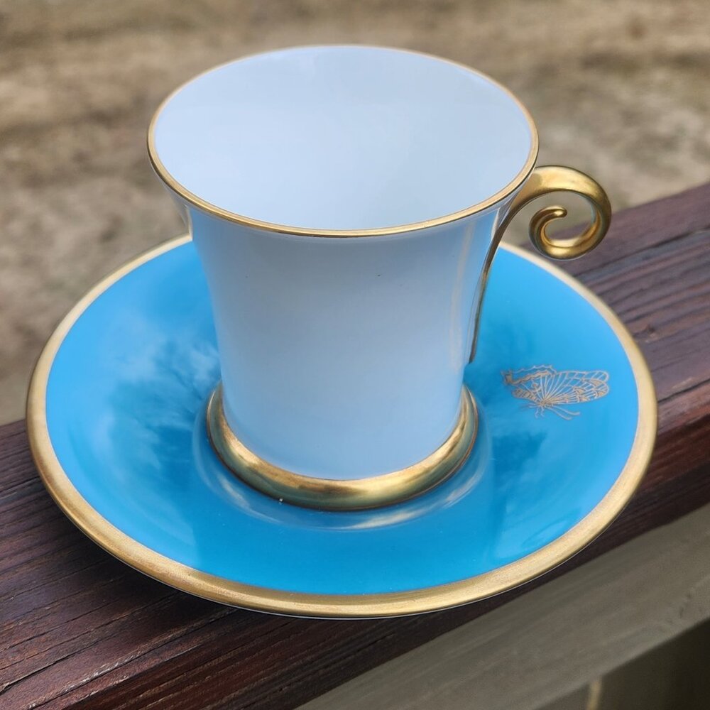 Herend Blue Butterfly Coffee Chocolate Gold Spiral Handle Cup and Saucer Set
